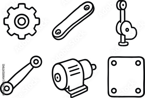 hand drawn cute out doodle style isolated mechanism gear train mechanism lever arm mechanism cam follower mechanism linkage bar mechanism motor unit mechanism frame plate