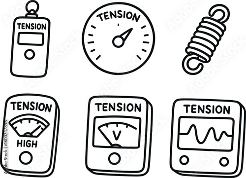 hand drawn cute out doodle style isolated tension cable tester tension gauge dial tension coil spring tension stress meter tension voltage meter tension waveform display