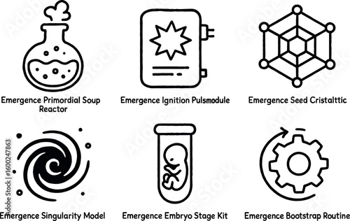 hand drawn cute out doodle style isolated emergence primordial soup reactor emergence ignition pulse module emergence seed crystal lattice emergence singularity model emergence embryo stage