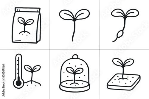 hand drawn cute out doodle style isolated sprout seedling package sprout cotyledon blade sprout radicle ais sprout growth gauge sprout humidity chamber sprout nutrient gel pad