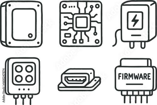 hand drawn cute out doodle style isolated device enclosure case device PCB board device power supply device sensor array device interface port device firmware module