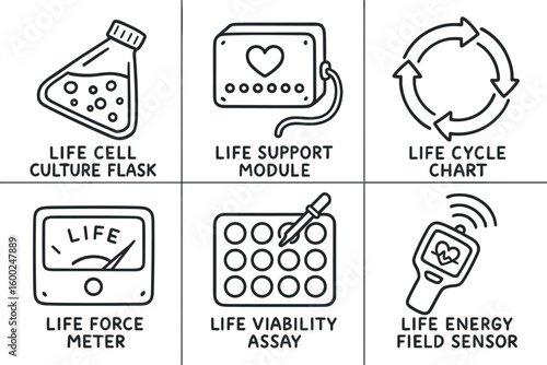 hand drawn cute out doodle style isolated life cell culture flask life support module life cycle chart life force meter life viability assay life energy field sensor