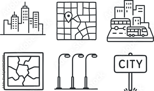 hand drawn cute out doodle style isolated city sky city map city transport hub model city zoning plan overlay city street array city boundary marker