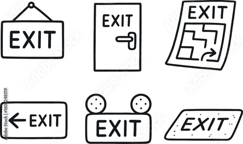 hand drawn cute out doodle style isolated eit signboard panel eit door handle eit route map eit corridor indicator eit emergency eit threshold mat