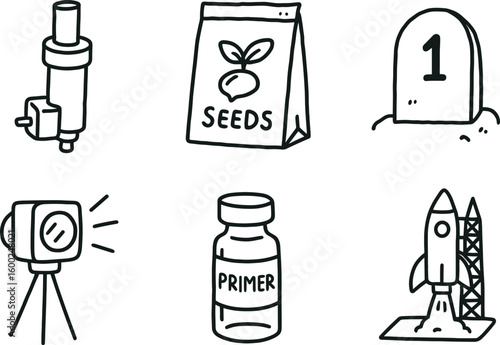 hand drawn cute out doodle style isolated beginning ignition coil beginning seed packet beginning first step marker beginning dawn beam projector beginning primer vial beginning launch pad