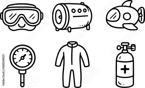 hand drawn cute out doodle style isolated immersion diving mask immersion pressure chamber immersion submersible vessel immersion depth gauge immersion thermal suit immersion oygen tank