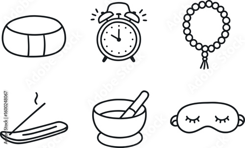hand drawn cute out doodle style isolated meditation cushion pad meditation timer alarm meditation mantra beads meditation incense holder meditation singing bowl meditation eye mask