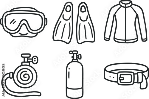 hand drawn cute out doodle style isolated diving mask lens diving fins diving wetsuit jacket diving regulator valve diving cylinder tank diving belt