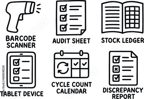 hand drawn cute out doodle style isolated inventory checking barcode scanner inventory checking audit sheet inventory checking stock ledger inventory checking tablet device inventory