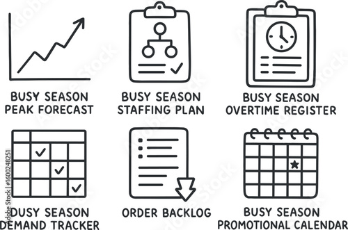 hand drawn cute out doodle style isolated busy season peak forecast graph busy season staffing plan busy season overtime register busy season demand tracker busy season order backlog list
