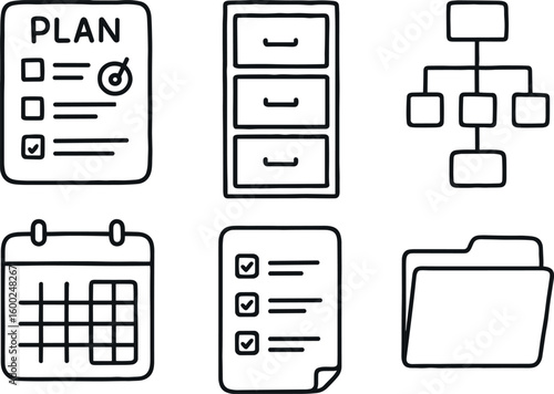 hand drawn cute out doodle style isolated organization project plan organization filing cabinet organization flowchart diagram organization calendar scheduler organization task list