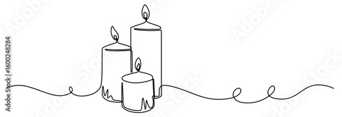 Continuous line art of a candle with a burning flame. The concept of lighting using candles. This icon is for a religious or Christmas poster.