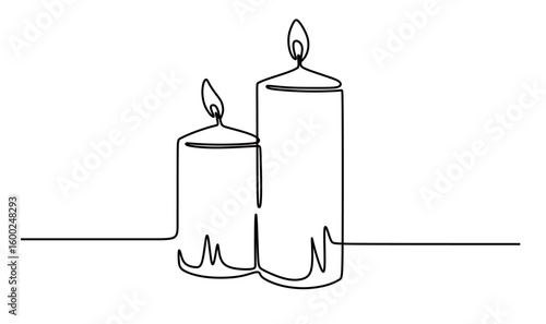 Continuous line art of a candle with a burning flame. The concept of lighting using candles. This icon is for a religious or Christmas poster.