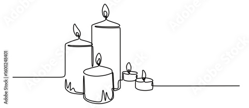 Continuous line art of a candle with a burning flame. The concept of lighting using candles. This icon is for a religious or Christmas poster.