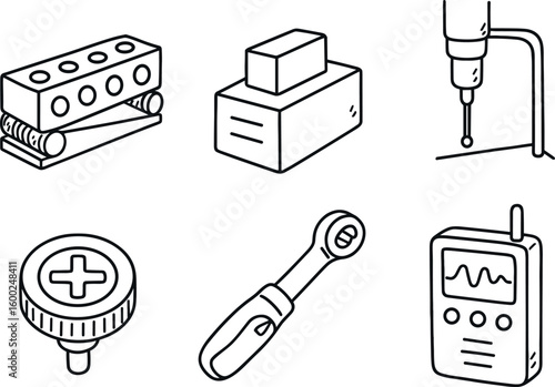 hand drawn cute out doodle style isolated precision sine bar precision reference standard precision CMM probe precision focus knob precision torque wrench precision data logger