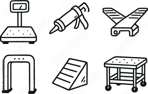 hand drawn cute out doodle style isolated shipping bay load balancer shipping bay sealant dispenser shipping bay conveyor merge shipping bay scanner arch shipping bay chock wedge shipping