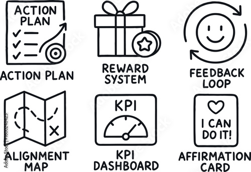 hand drawn cute out doodle style isolated goal setting action plan goal setting reward system goal setting feedback loop goal setting alignment map goal setting KPI dashboard goal setting