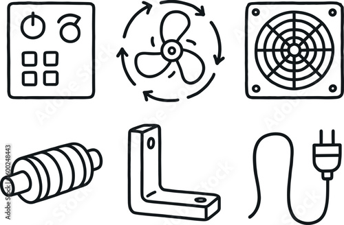 hand drawn cute out doodle style isolated industrial fan control panel industrial fan oscillation hub industrial fan filter mesh industrial fan noise suppressor industrial fan bracket mount