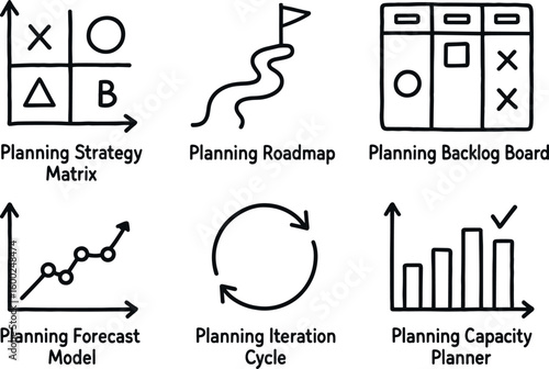 hand drawn cute out doodle style isolated planning strategy matri planning roadmap poster planning backlog board planning forecast model planning iteration cycle planning capacity planner