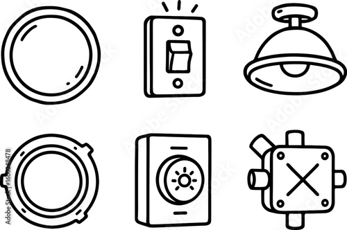 hand drawn cute out doodle style isolated overhead lens cover overhead sensor switch overhead reflector dish overhead gasket seal overhead dimmer module overhead conduit junction