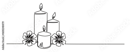 Continuous line art of a candle with a burning flame and flowers below it. The concept of lighting using candles. This icon is for a religious or Christmas poster.