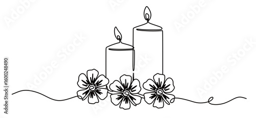 Continuous line art of a candle with a burning flame and flowers below it. The concept of lighting using candles. This icon is for a religious or Christmas poster.
