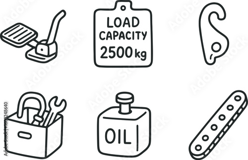 hand drawn cute out doodle style isolated pallet jack foot brake pedal pallet jack load capacity label pallet jack safety latch pallet jack maintenance toolkit pallet jack pump oil