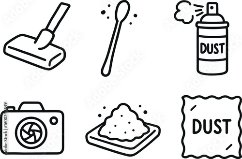 hand drawn cute out doodle style isolated dust vacuum nozzle dust sampling swab dust cleaner spray dust detection camera dust accumulation tray dust electrostatic cloth