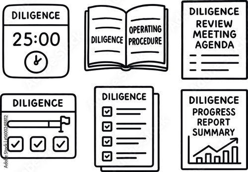 hand drawn cute out doodle style isolated diligence focus timer widget diligence operating procedure manual diligence review meeting agenda diligence milestone tracker dashboard diligence