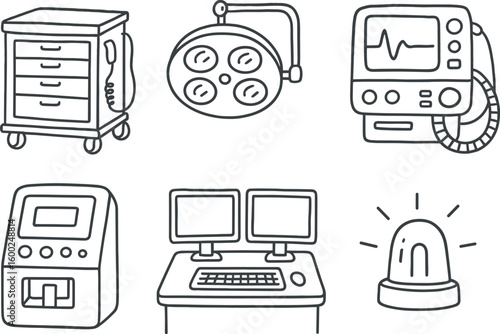 hand drawn cute out doodle style isolated emergency room resuscitation cart assembly emergency room trauma bay array emergency room ventilator control module emergency room blood gas