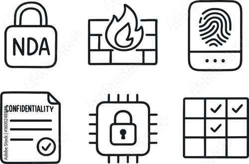 hand drawn cute out doodle style isolated confidentiality NDA pad confidentiality firewall appliance confidentiality biometric scanner confidentiality policy document confidentiality secure