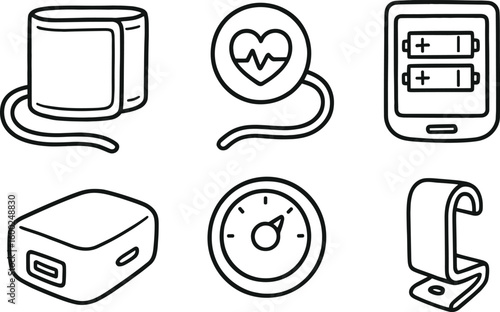 hand drawn cute out doodle style isolated blood pressure monitor cuff Velcro strap blood pressure monitor heart rate sensor pad blood pressure monitor battery compartment cover blood