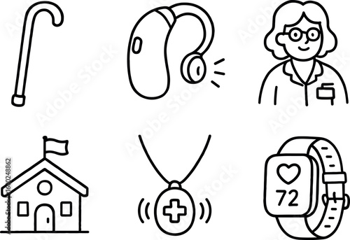 hand drawn cute out doodle style isolated senior citizen walking cane senior citizen hearing aid amplifier senior citizen care coordinator senior citizen community center senior citizen