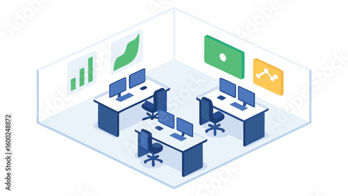 Isometric view of an office space with desks computers chairs and data visualization art pieces on the walls