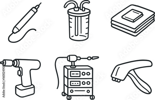 hand drawn cute out doodle style isolated surgical suite electrocautery pen surgical suite suction canister surgical suite surgical drape pack surgical suite orthopedic drill surgical suite