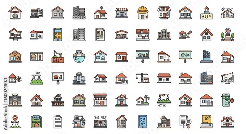 Comprehensive Real Estate Icon Set: Colorful Filled Outline Graphics for Property & Housing