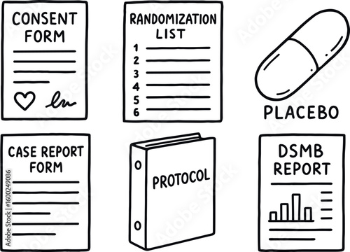 hand drawn cute out doodle style isolated clinical trial consent form template clinical trial randomization list clinical trial placebo capsule clinical trial case report form clinical