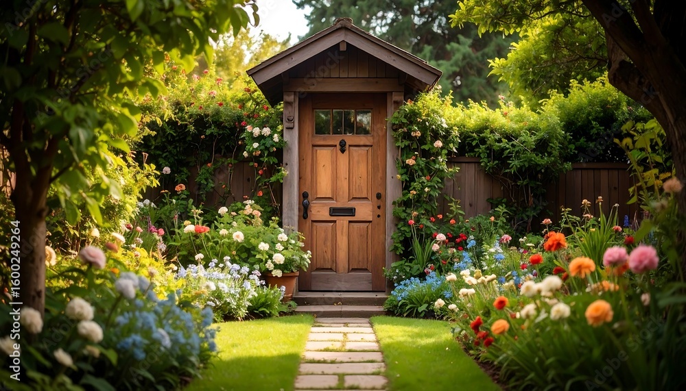 A charming garden entrance with a wooden shed