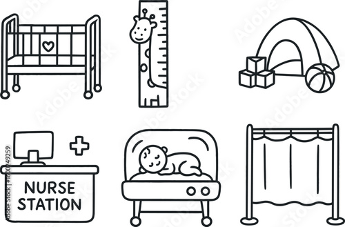 hand drawn cute out doodle style isolated pediatric ward crib pediatric ward growth chart pediatric ward play area pediatric ward nurse station pediatric ward incubator pediatric ward