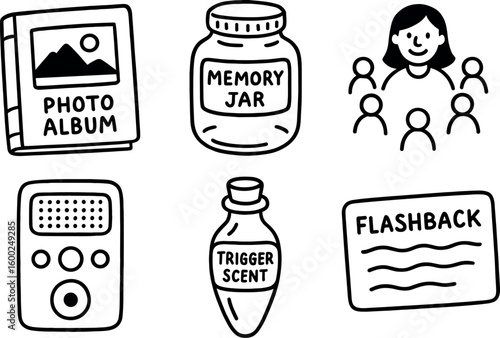 hand drawn cute out doodle style isolated reminiscence photo album reminiscence memory jar reminiscence storytelling circle reminiscence audio recorder reminiscence trigger scent vial