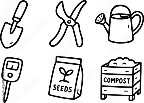 hand drawn cute out doodle style isolated gardening spade blade gardening pning shears gardening watering can gardening soil tester gardening seed packet gardening compost bin