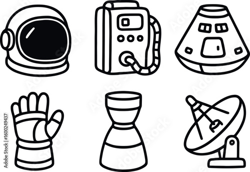 hand drawn cute out doodle style isolated astronaut helmet visor astronaut life support pack astronaut spacecraft module astronaut glove pressurizer astronaut thster nozzle astronaut