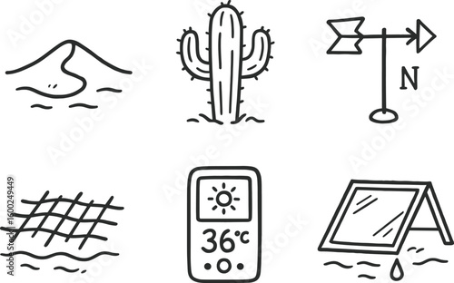 hand drawn cute out doodle style isolated desert sand dune model desert cactus specimen desert wind vane desert stabilization mesh desert temperature logger desert solar still