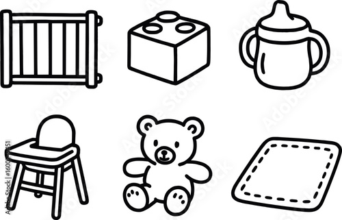 hand drawn cute out doodle style isolated toddler safety gate toddler building block toddler sippy cup toddler high chair toddler toy toddler crawling mat