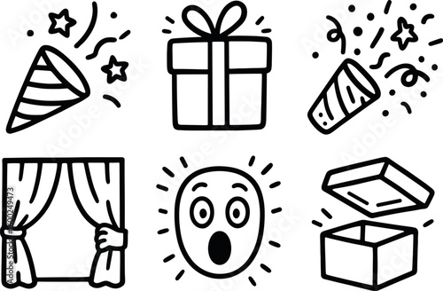 hand drawn cute out doodle style isolated surprise party popper surprise gift wrap paper surprise confetti cannon surprise reveal curtain surprise epression mask surprise bo lid