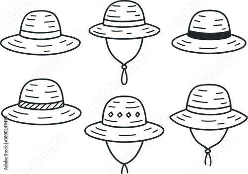hand drawn cute out doodle style isolated straw hat wide brim straw hat chin strap straw hat sweatband straw hat decorative band straw hat ventilation weave straw hat adjustable drawcord