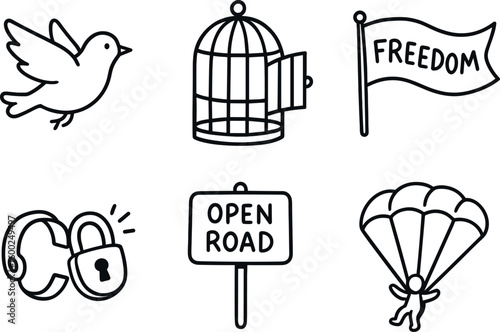 hand drawn cute out doodle style isolated freedom bird freedom open cage door freedom flowing flag banner freedom unlocked shackle cuff freedom open road sign freedom skydiving parachute