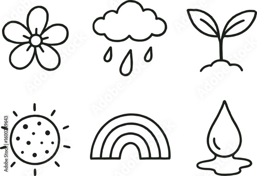 hand drawn cute out doodle style isolated spring bloom petal spring rain shower spring sapling shoot spring pollen grain spring rainbow arch spring thaw droplet