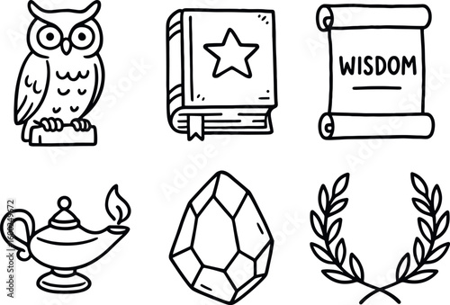 hand drawn cute out doodle style isolated wisdom owl statue wisdom ancient tome wisdom proverb scroll wisdom lamp knowledge wisdom philosopher s stone wisdom laurel wreath