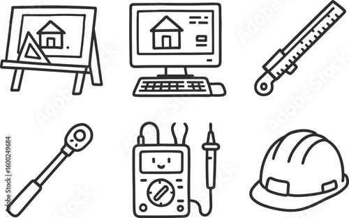 hand drawn cute out doodle style isolated engineer drafting board engineer CAD workstation engineer slide le engineer torque wrench engineer multimeter probe engineer safety helmet